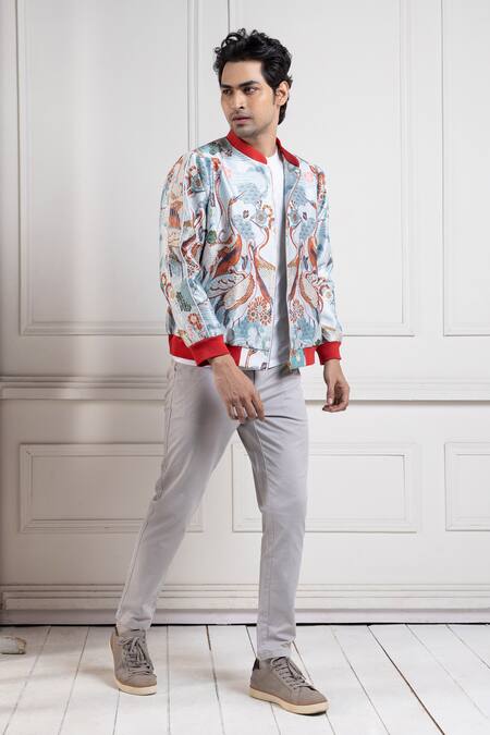 Smriti By Anju Agarwal Multi Color Satin Embroidery Crane Print Bomber Jacket at Aza Fashions Smriti By Anju Agarwal_Multi Color Satin Embroidery Crane Print Bomber Jacket _at_Aza_Fashions