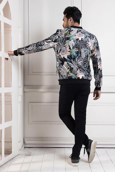 Smriti By Anju Agarwal Multi Color Botanical Floral Bomber Jacket 