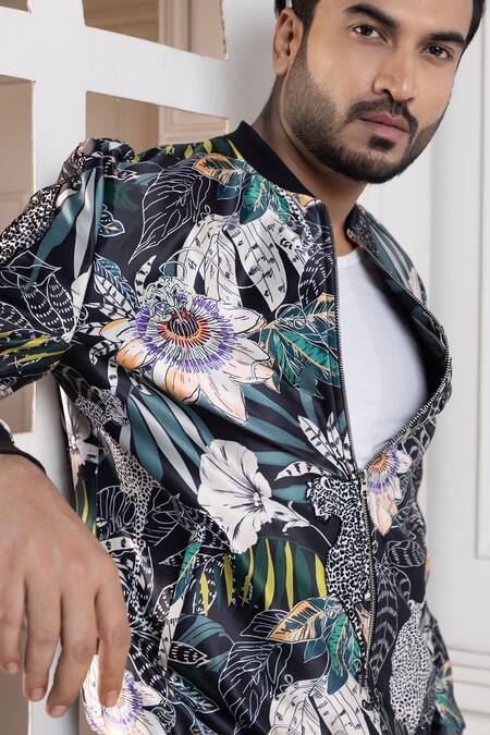 Buy Smriti By Anju Agarwal Multi Color Satin Botanical Floral Bomber Jacket Online at Aza Fashions Buy_Smriti By Anju Agarwal_Multi Color Satin Botanical Floral Bomber Jacket _Online_at_Aza_Fashions