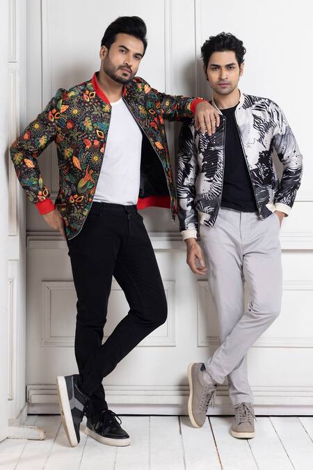 Buy_Smriti By Anju Agarwal_Multi Color Satin Beads Abstract Print Bomber Jacket _Online_at_Aza_Fashions