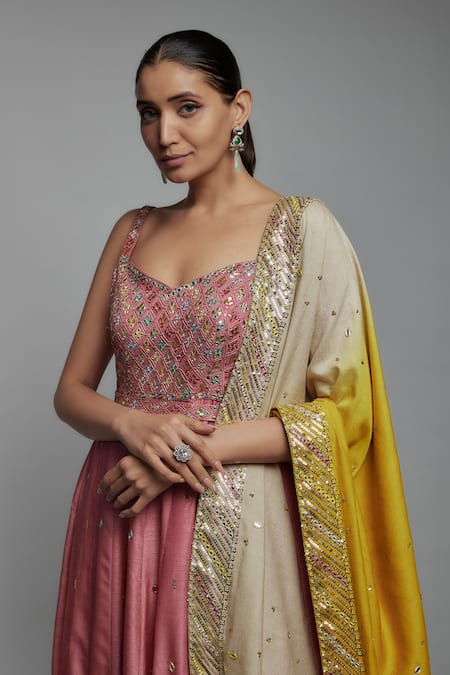 Loka By Veerali Raveshia_Pink Silk, Georgette, Tussar Zari, Embroidery, Floral Gota Anarkali Set _Online_at_Aza_Fashions