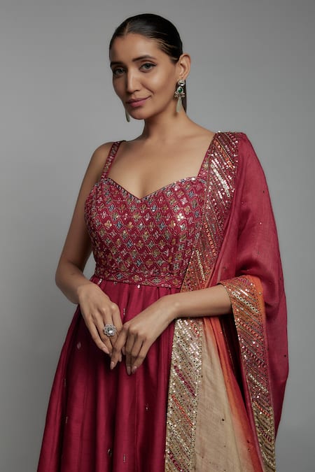 Loka By Veerali Raveshia Red Silk, Georgette, Tussar Gota Patti, Zari, Sequins, And Work Anarkali Set Online at Aza Fashions Loka By Veerali Raveshia_Red Silk, Georgette, Tussar Gota Patti, Zari, Sequins, And Work Anarkali Set _Online_at_Aza_Fashions