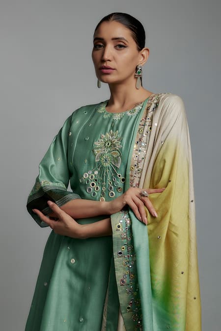 Buy Loka By Veerali Raveshia Green Chanderi Silk, Tussar, Georgette Mirrors, Teal Work Kurta Pant Set Online at Aza Fashions Buy_Loka By Veerali Raveshia_Green Chanderi Silk, Tussar, Georgette Mirrors, Teal Work Kurta Pant Set _Online_at_Aza_Fashions
