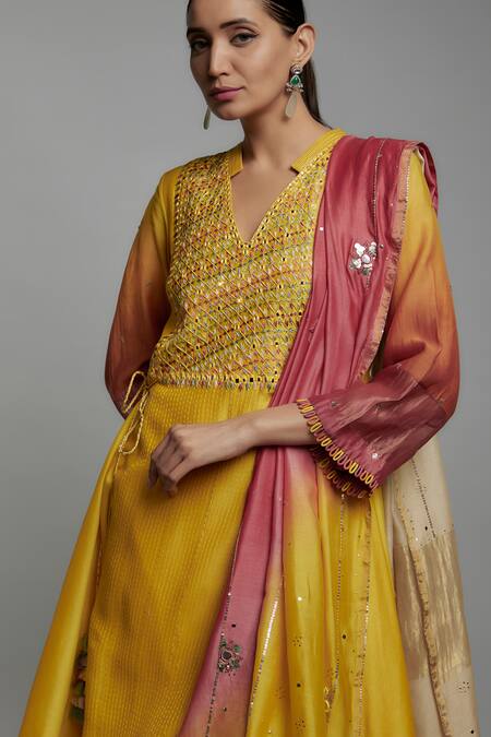 Buy Loka By Veerali Raveshia Yellow Chanderi Silk, Tussar, Georgette Mango Embroidered Kurta Pant Set Online at Aza Fashions Buy_Loka By Veerali Raveshia_Yellow Chanderi Silk, Tussar, Georgette Mango Embroidered Kurta Pant Set _Online_at_Aza_Fashions