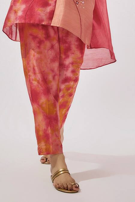 Loka By Veerali Raveshia_Coral Chanderi Silk Mirrors, Tassels Split Ombre Embroidered Tunic And Pant Set _Online_at_Aza_Fashions