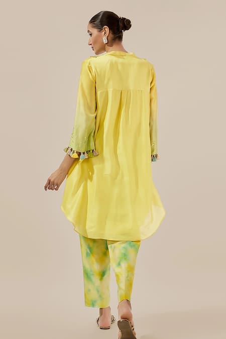 Loka By Veerali Raveshia Yellow Embroidered A-Line Tunic & Pant Set 