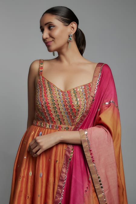Loka By Veerali Raveshia_Orange Acrylic, Silk, Tussar, Georgette Gota Patti, Mirrors, Zari, Anarkali Set _Online_at_Aza_Fashions
