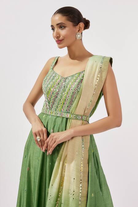 Loka By Veerali Raveshia Green Denim, Silk, Tussar, Georgette Gota Patti, Mirrors, Zardozi Anarkali Set Online at Aza Fashions Loka By Veerali Raveshia_Green Denim, Silk, Tussar, Georgette Gota Patti, Mirrors, Zardozi Anarkali Set _Online_at_Aza_Fashions