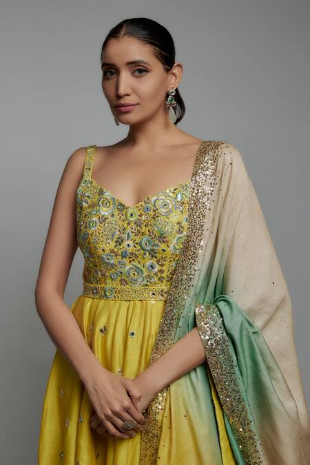 Loka By Veerali Raveshia Yellow Silk, Tussar Embroidery, Sequins, Mirrors Sweetheart Lime Anarkali Set Online at Aza Fashions Loka By Veerali Raveshia_Yellow Silk, Tussar Embroidery, Sequins, Mirrors Sweetheart Lime Anarkali Set _Online_at_Aza_Fashions