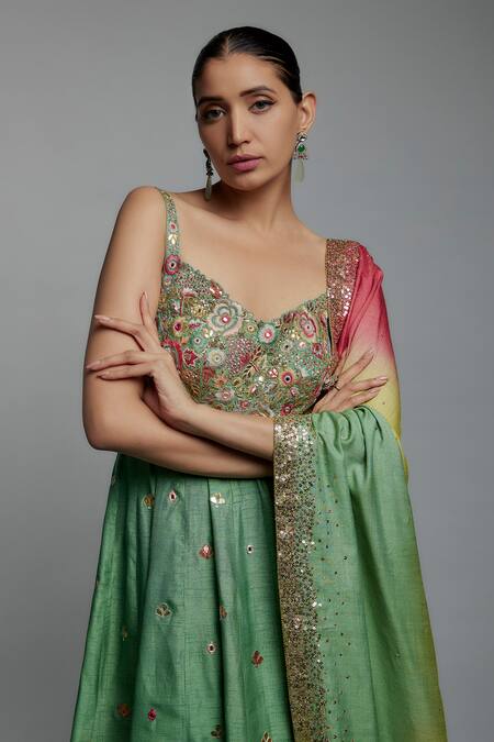 Loka By Veerali Raveshia Green Silk, Georgette, Tussar Sequins, Mirrors Teal Embroidered Anarkali Set Online at Aza Fashions Loka By Veerali Raveshia_Green Silk, Georgette, Tussar Sequins, Mirrors Teal Embroidered Anarkali Set _Online_at_Aza_Fashions