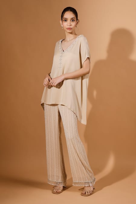 Kavita D Beige Bead Embroidered Kurta Set 