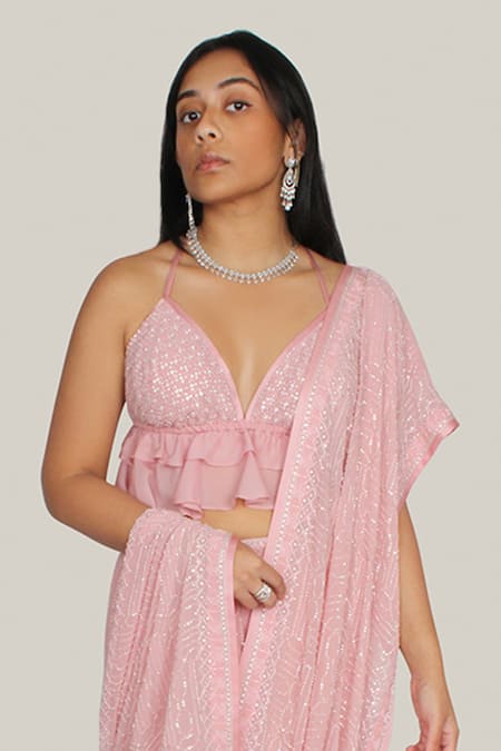 Kavita D_Pink Silk, Georgette Beads, Stones, Beaded Jaal Embroidered Pre-draped Saree _Online_at_Aza_Fashions