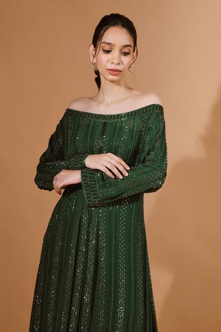 Kavita D_Green Silk, Georgette Off-shoulder Embroidered Off Kurta Set _Online_at_Aza_Fashions