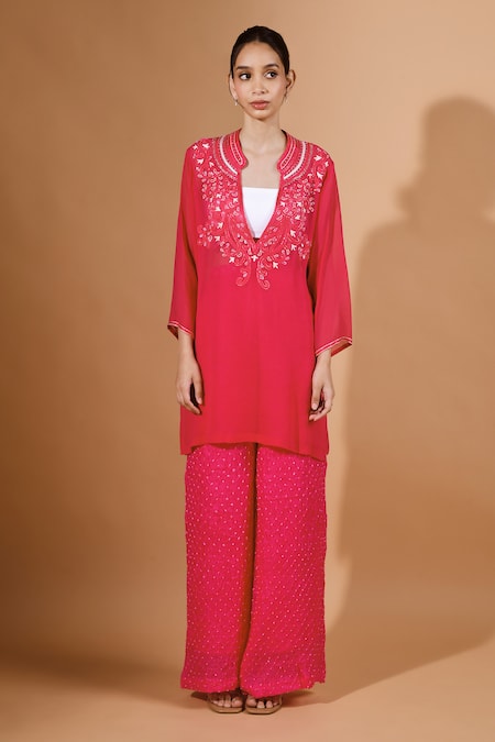 Kavita D Pink Silk, Georgette Smocking, Stones Bloom Embroidered Kurta And Bandhani Pant Online at Aza Fashions Kavita D_Pink Silk, Georgette Smocking, Stones Bloom Embroidered Kurta And Bandhani Pant _Online_at_Aza_Fashions