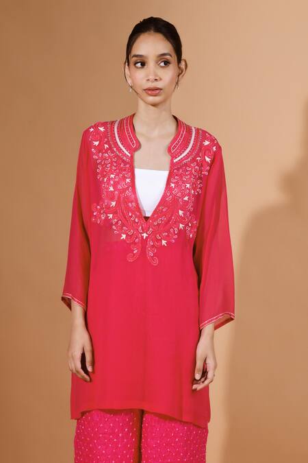 Buy Kavita D Pink Silk, Georgette Smocking, Stones Bloom Embroidered Kurta And Bandhani Pant Online at Aza Fashions Buy_Kavita D_Pink Silk, Georgette Smocking, Stones Bloom Embroidered Kurta And Bandhani Pant _Online_at_Aza_Fashions