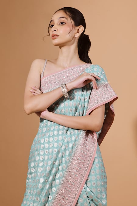 Kavita D_Blue Silk, Georgette Pearls, Smocking Butti Woven Saree Set _Online_at_Aza_Fashions