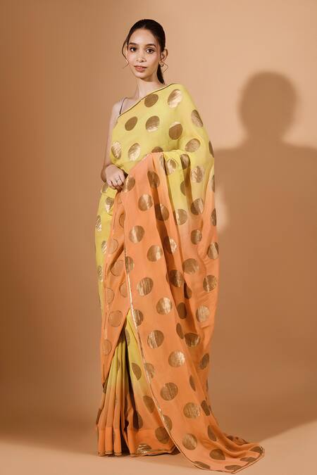 Kavita D_Yellow Silk, Georgette Ombre Polka Dot Saree Set _Online_at_Aza_Fashions