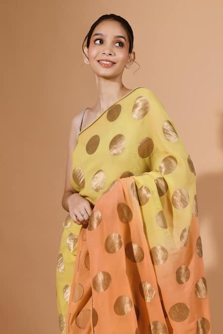 Buy_Kavita D_Yellow Silk, Georgette Ombre Polka Dot Saree Set _Online_at_Aza_Fashions