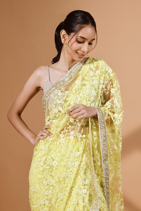 Kavita D_Yellow Net Embroidery Floral Saree Set _Online_at_Aza_Fashions