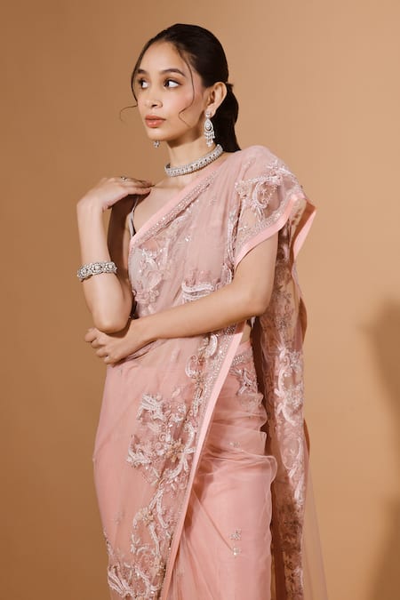 Kavita D_Pink Net Sequins, Beads 3d Bloom Embroidered Saree Set _Online_at_Aza_Fashions