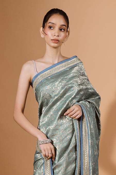 Kavita D_Blue Silk Stones, Embroidery Gul Woven Pure Banarasi Saree Set _Online_at_Aza_Fashions