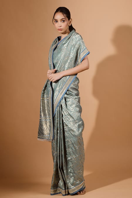 Buy_Kavita D_Blue Silk Stones, Embroidery Gul Woven Pure Banarasi Saree Set _Online_at_Aza_Fashions