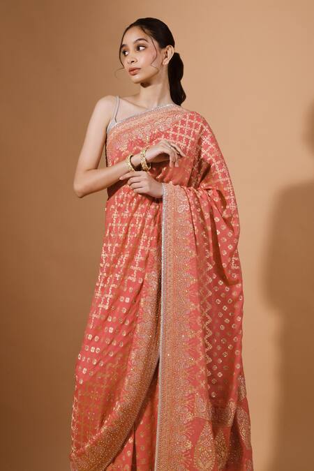 Kavita D_Red Silk, Georgette Mirrors, Stones, Embroidery Floral Jaal Zari Woven Saree Set _Online_at_Aza_Fashions