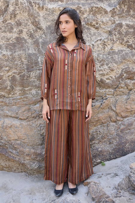 Buy_Ayaka_Brown Viscose Embroidery Collared Striped And Bloom Shirt _Online_at_Aza_Fashions