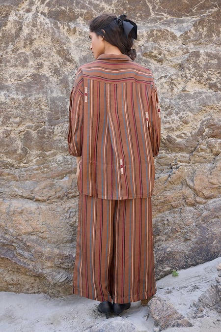 Ayaka Brown Striped & Bloom Embroidered Shirt 