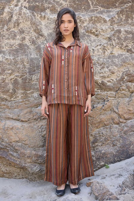 Shop_Ayaka_Brown Viscose Embroidery Collared Striped And Bloom Shirt _Online_at_Aza_Fashions