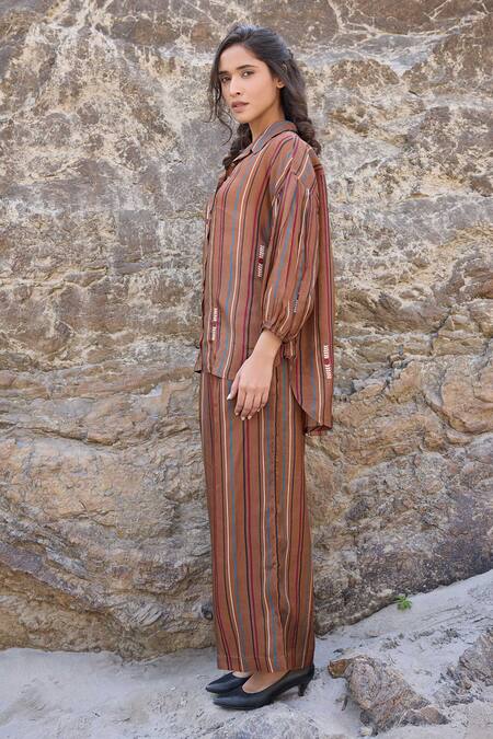 Ayaka_Brown Viscose Embroidery Collared Striped And Bloom Shirt _at_Aza_Fashions