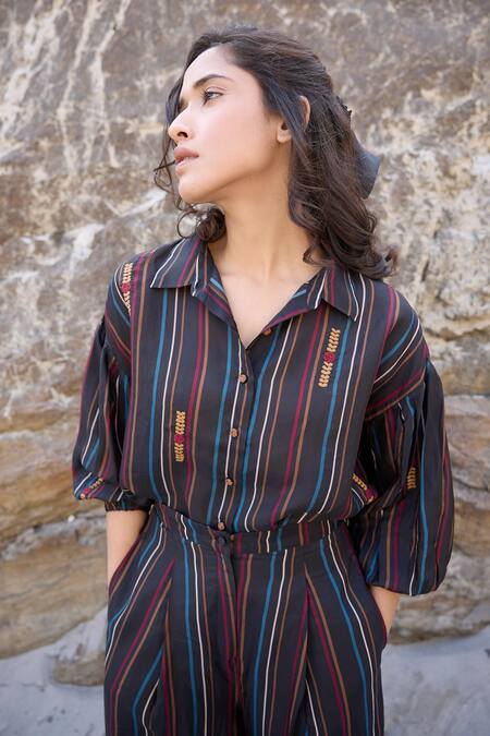 Ayaka_Black Viscose Embroidery Collared Puffed Sleeve Striped Shirt _Online_at_Aza_Fashions