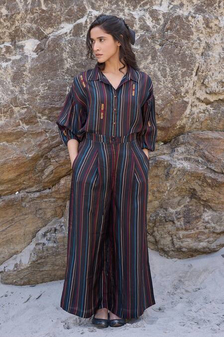 Buy_Ayaka_Black Viscose Embroidery Collared Puffed Sleeve Striped Shirt _Online_at_Aza_Fashions