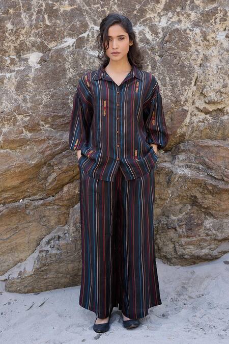 Shop_Ayaka_Black Viscose Embroidery Collared Puffed Sleeve Striped Shirt _Online_at_Aza_Fashions