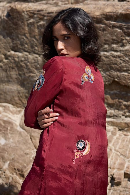 Shop_Ayaka_Burgundy Viscose Embroidery Collared Blossom Motif Top _at_Aza_Fashions