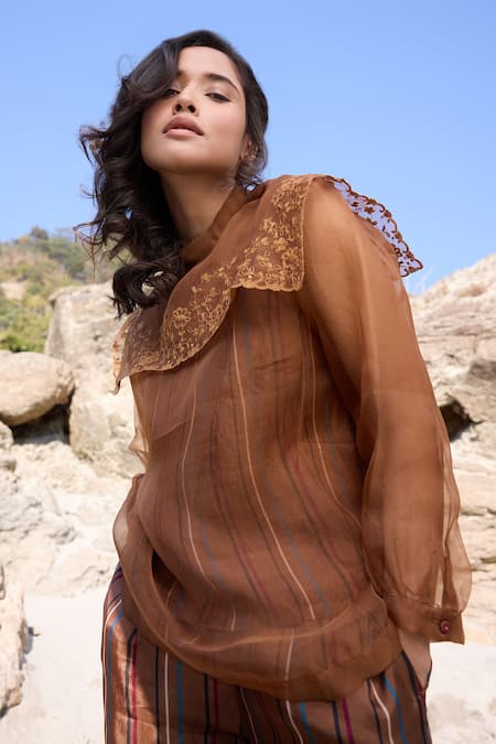 Buy_Ayaka_Brown Silk Organza, Viscose Embroidery Round Neck Striped And Bloom Top _Online_at_Aza_Fashions