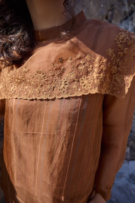 Shop_Ayaka_Brown Silk Organza, Viscose Embroidery Round Neck Striped And Bloom Top _Online_at_Aza_Fashions