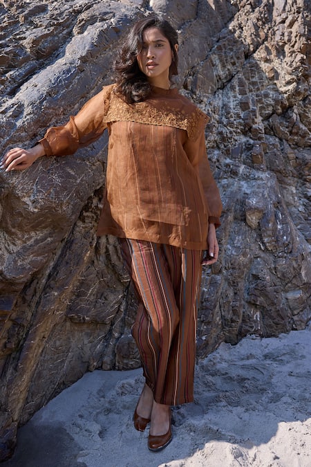 Ayaka_Brown Silk Organza, Viscose Embroidery Round Neck Striped And Bloom Top _at_Aza_Fashions