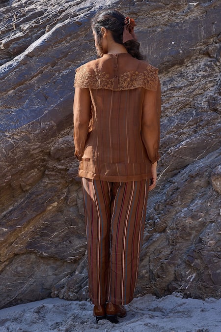 Ayaka Brown Striped & Bloom Embroidered Top 