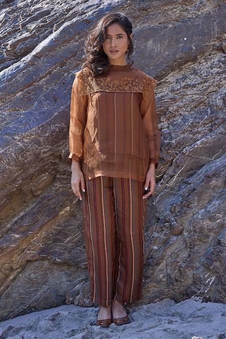Buy_Ayaka_Brown Silk Organza, Viscose Embroidery Round Neck Striped And Bloom Top 