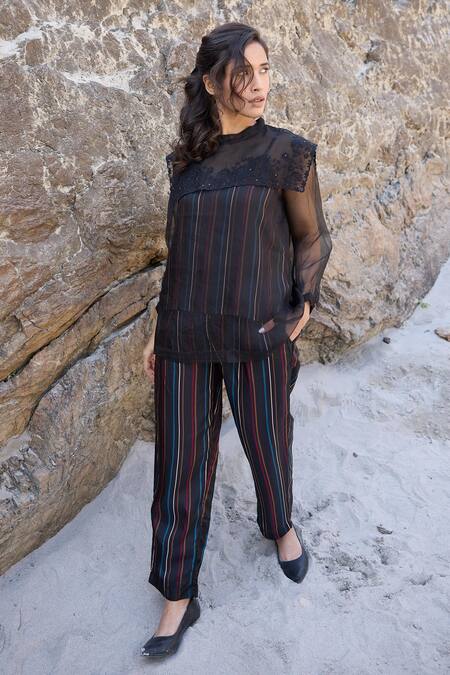 Buy_Ayaka_Black Silk Organza, Viscose Embroidery Round Neck Floral Sheer Top _Online_at_Aza_Fashions