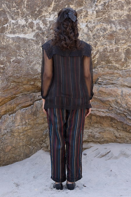 Ayaka Floral Embroidered Black Sheer Top 