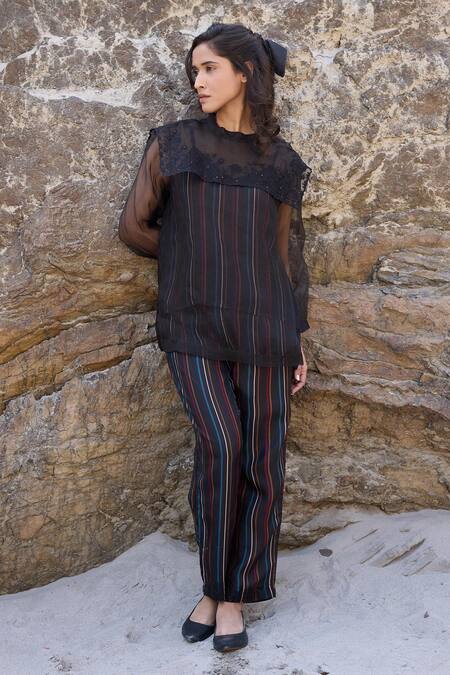 Ayaka_Black Silk Organza, Viscose Embroidery Round Neck Floral Sheer Top _at_Aza_Fashions