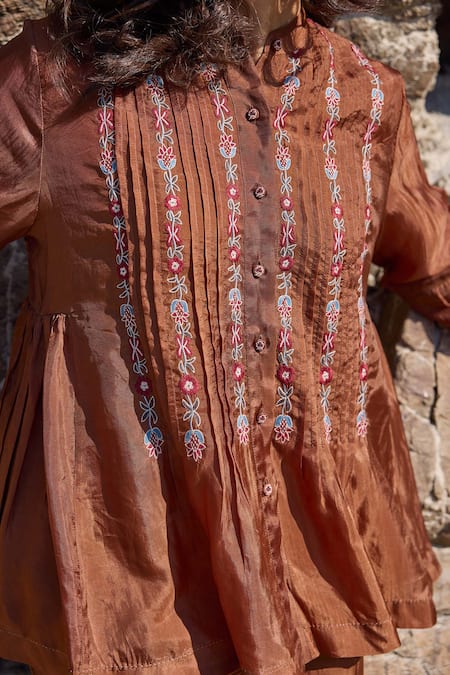 Buy_Ayaka_Brown Viscose Embroidery Mandarin Collar Floral Vine Pintucked Top _Online_at_Aza_Fashions