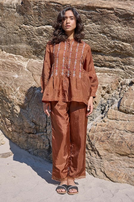 Shop_Ayaka_Brown Viscose Embroidery Mandarin Collar Floral Vine Pintucked Top _Online_at_Aza_Fashions