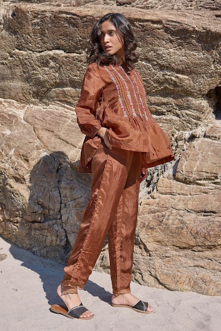 Ayaka_Brown Viscose Embroidery Mandarin Collar Floral Vine Pintucked Top _at_Aza_Fashions