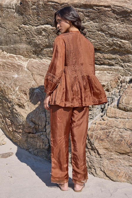 Ayaka Brown Floral Vine Embroidered Pintucked Top 