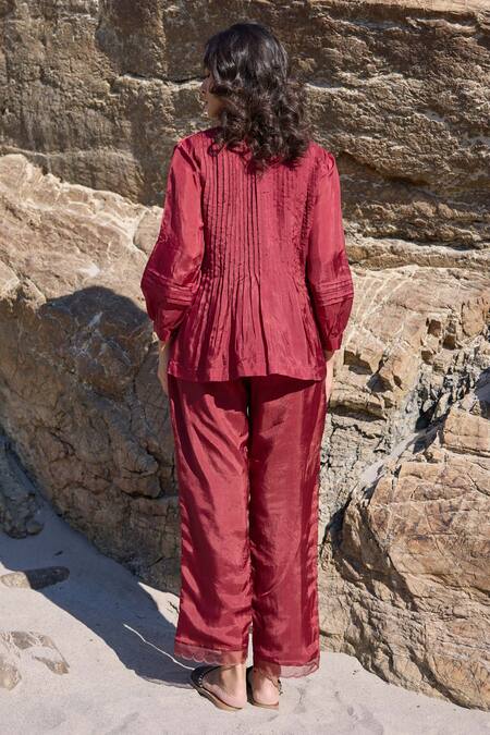 Ayaka Burgundy Flora Vine Embroidered Pintucked Top 