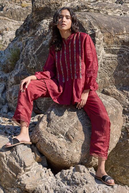 Ayaka_Burgundy Viscose Embroidery Mandarin Collar Flora Vine Pintucked Top _Online_at_Aza_Fashions