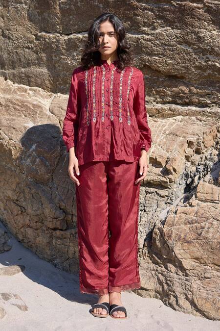 Buy_Ayaka_Burgundy Viscose Embroidery Mandarin Collar Flora Vine Pintucked Top _Online_at_Aza_Fashions